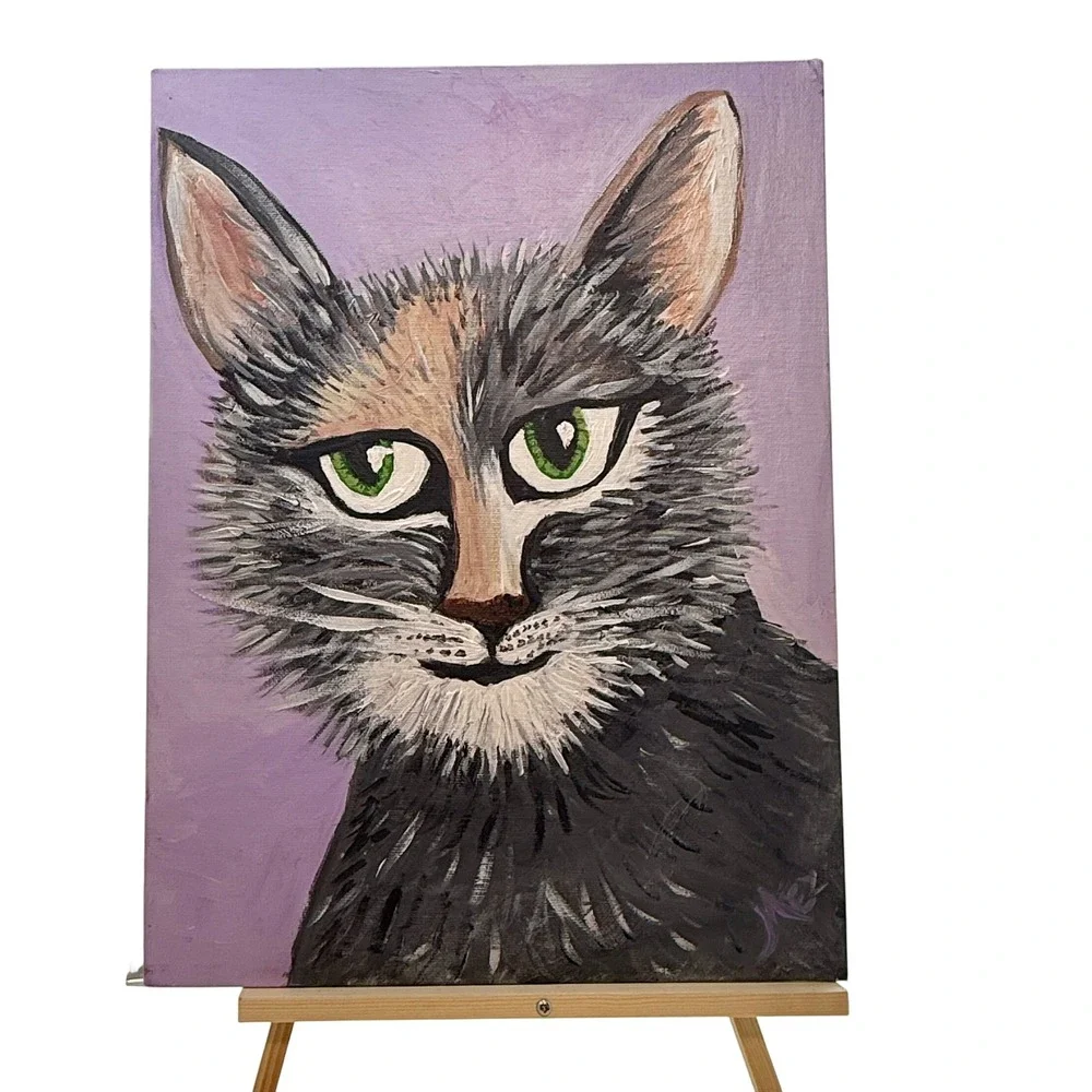 Hand Painted Whimsical Cat Canvas Board Folk Art Boho Cottagecore 16x12